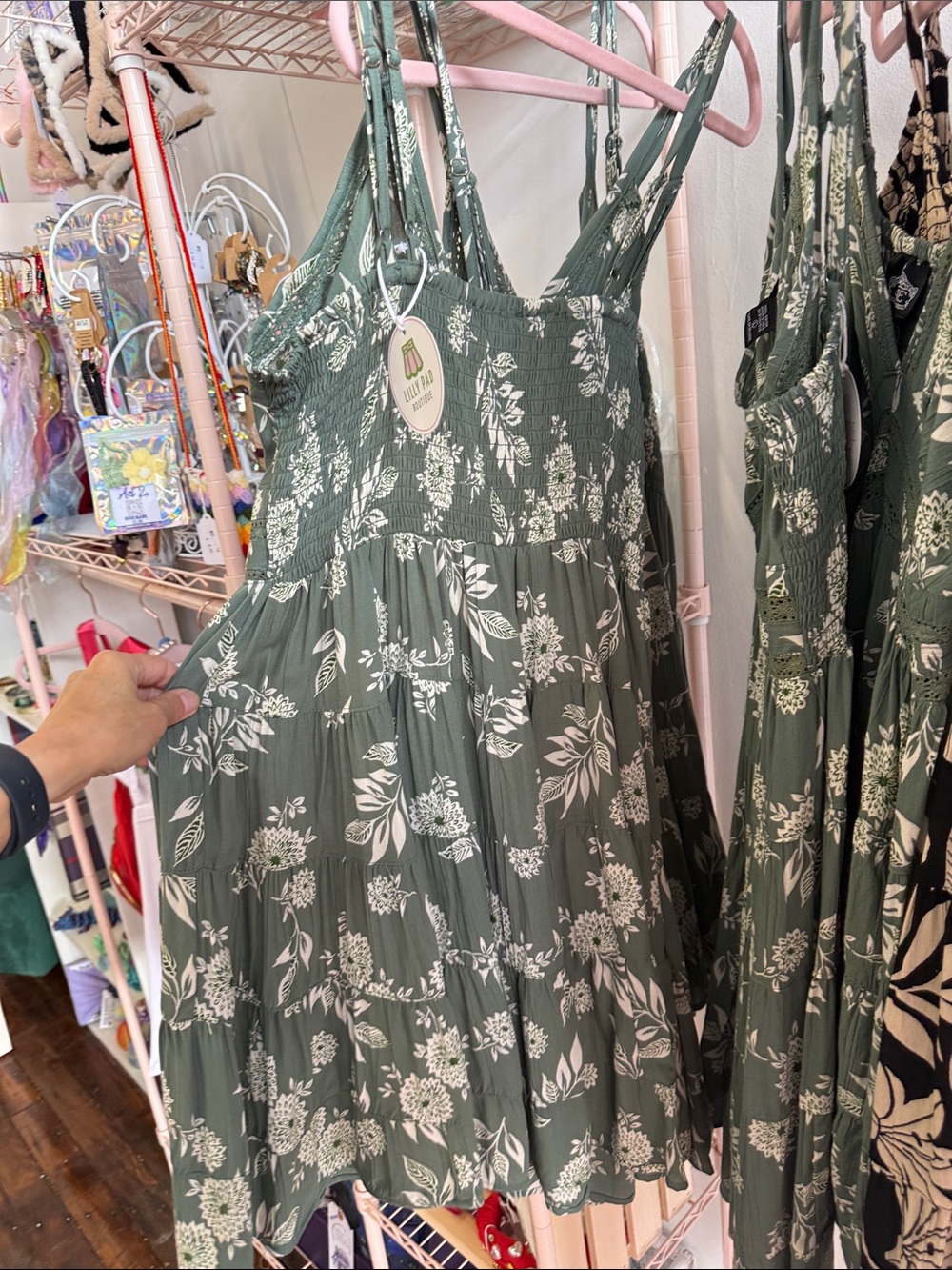 Olive Green Floral Lace-Detail Sundress - Picture 4 of 4